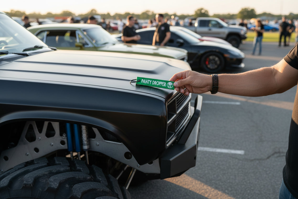 Panty Dropper Jet Tag Keychain, Funny Car Guy Keyring