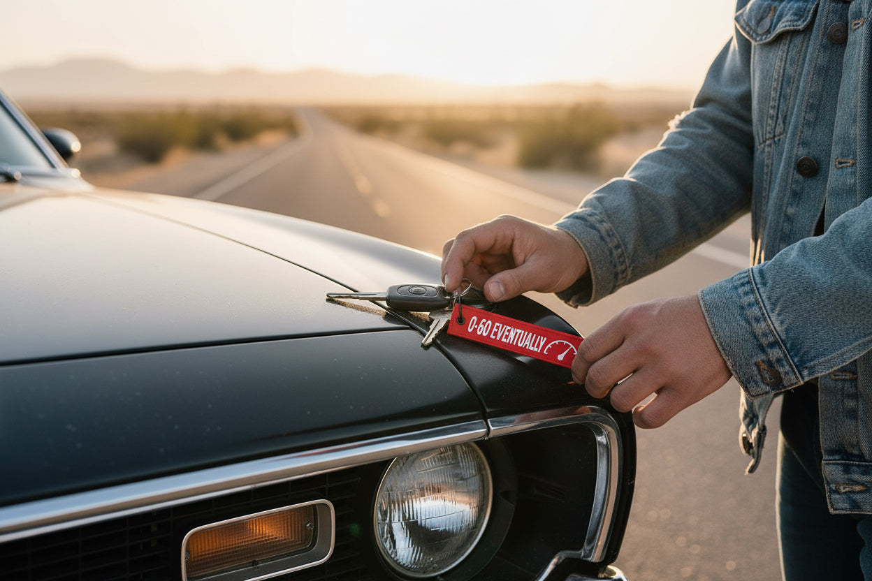 0–60 Eventually Jet Tag Keychain, Funny Motorcycle Keyring