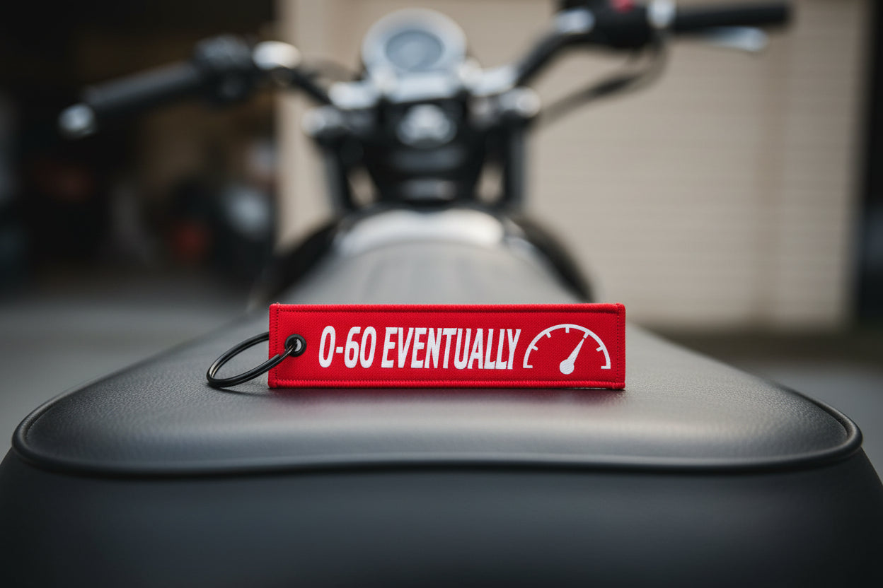 0–60 Eventually Jet Tag Keychain, Funny Motorcycle Keyring