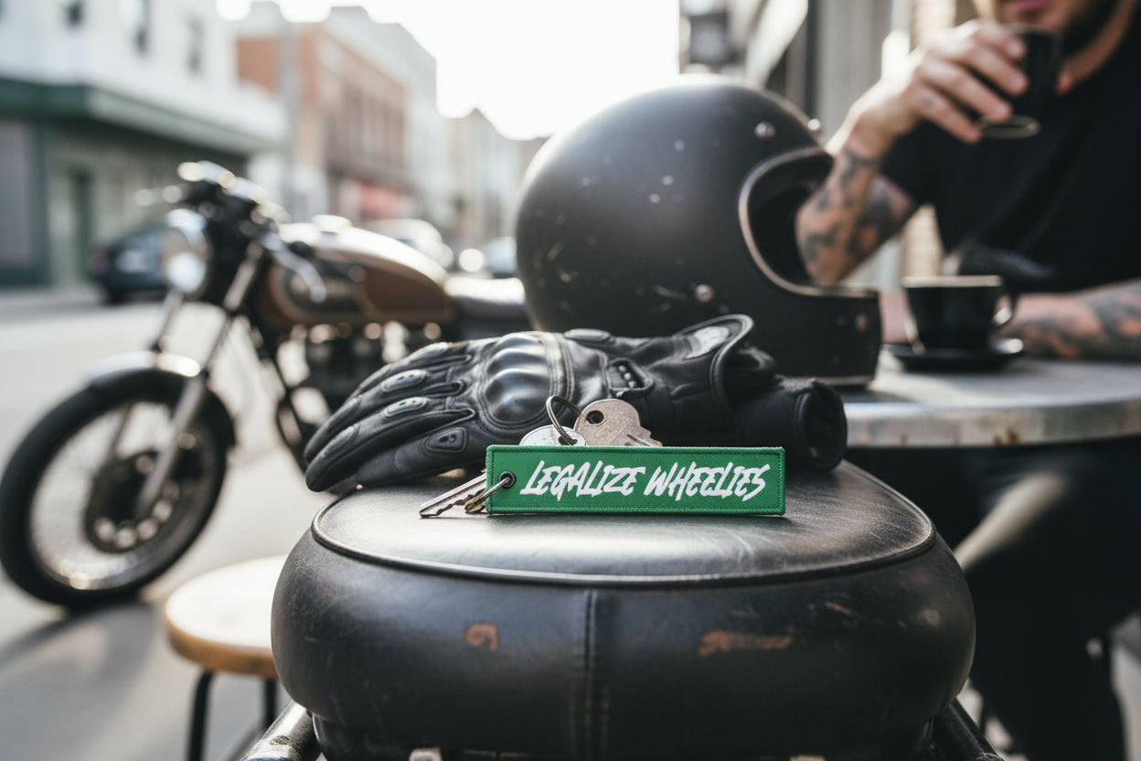 Legalize Wheelies Jet Tag Keychain, Funny Motorcycle Keyring